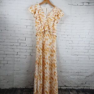 RAHI ORANGE & WHITE WITH PINK BRUSH STROKE DESIGN RUFFLE MAXI DRESS SIZE SMALL